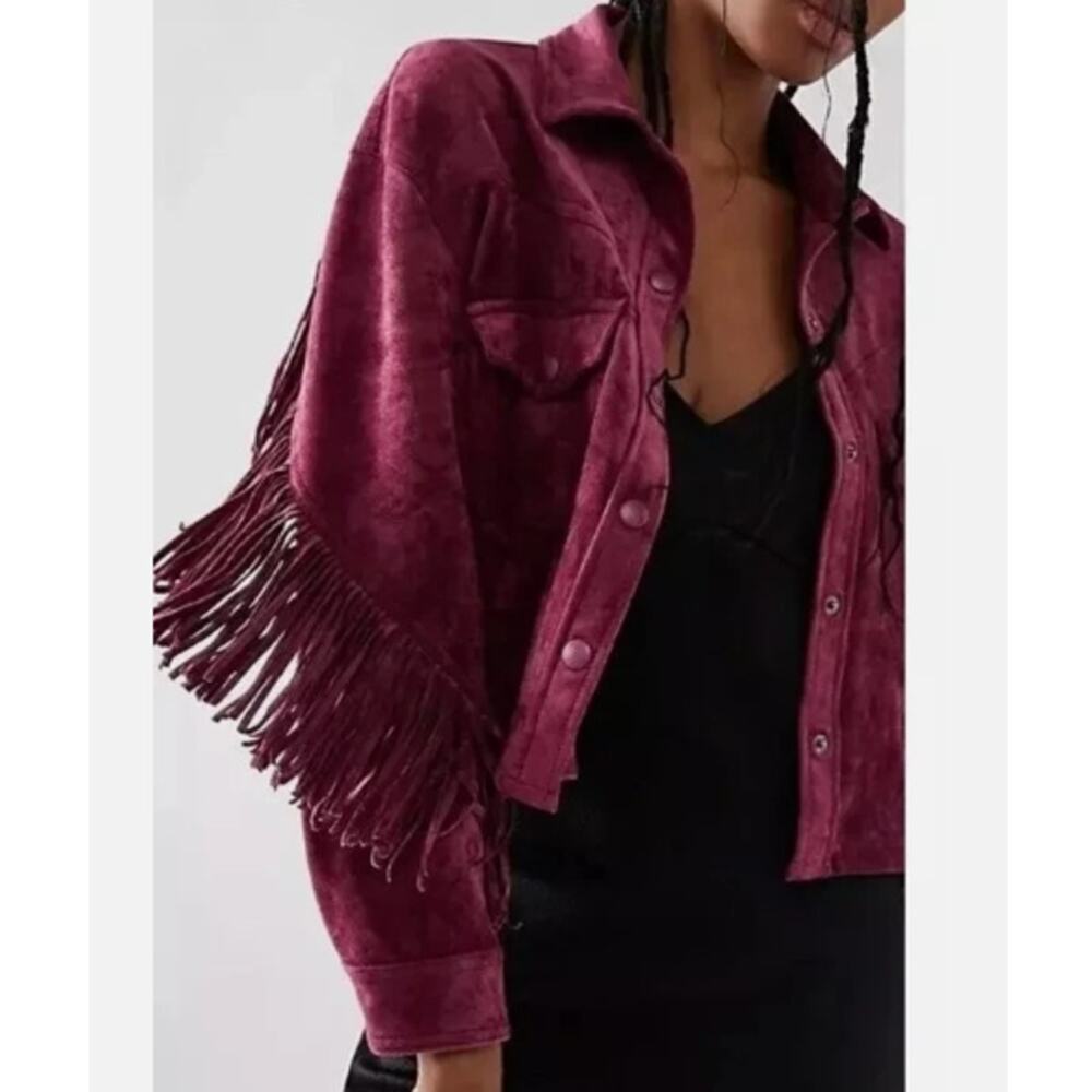 Blank NYC Free People Women's Pink Fringe Twist Shout Vegan Suede Jacket Size M